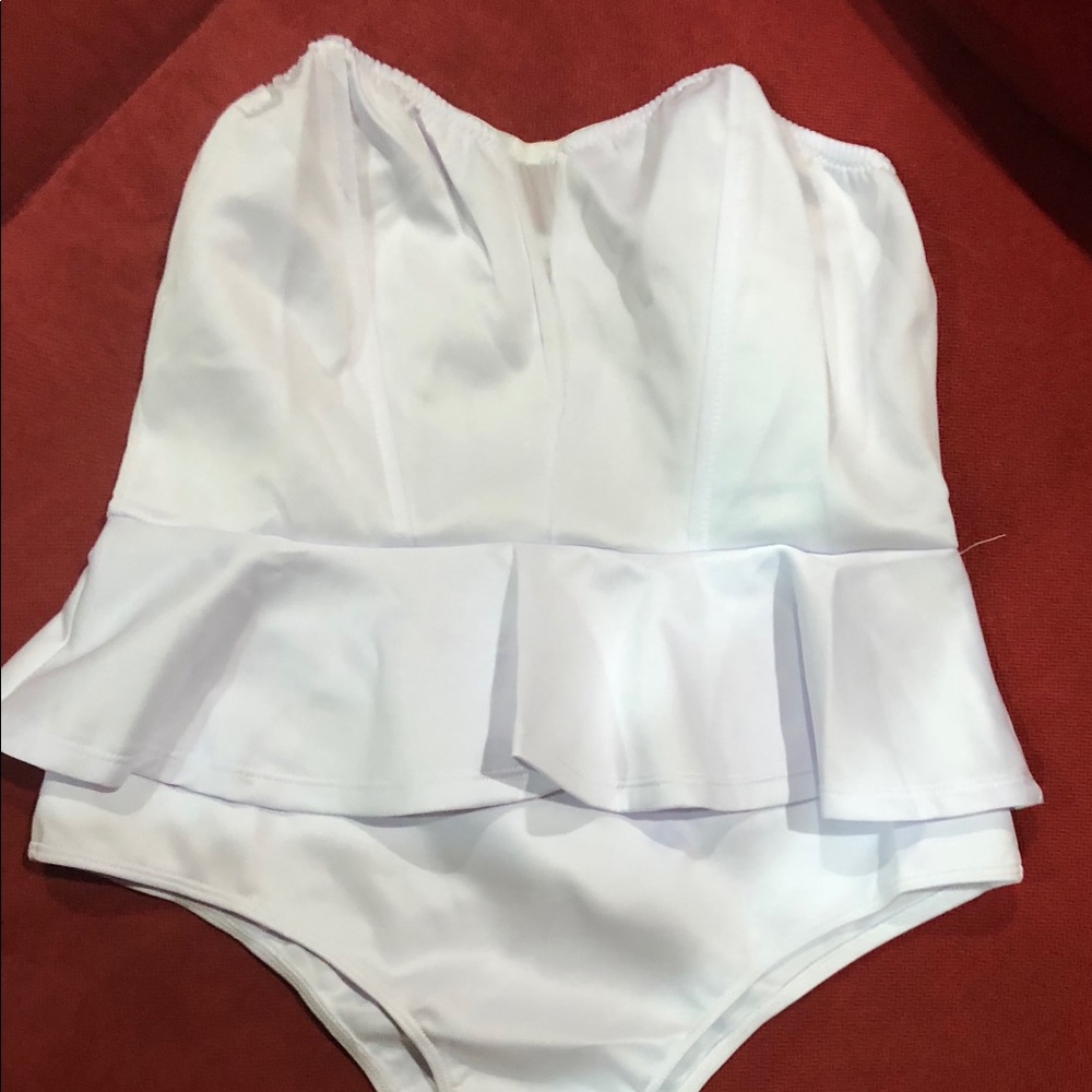New, white strapless body suit leotard